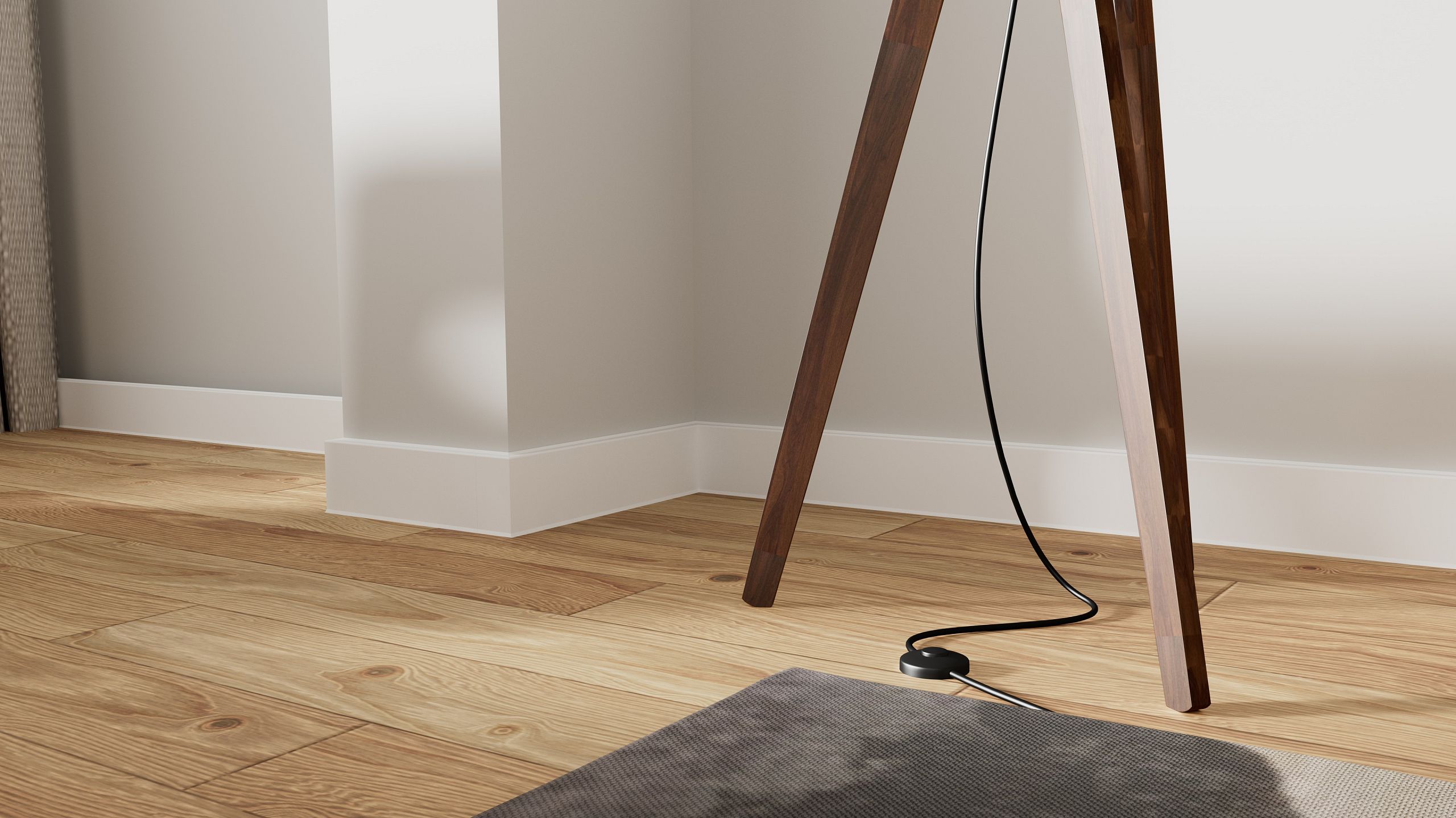 Minimalistyczne wnętrze z drewnianą podłogą i lampą. Ściany w jasnym kolorze, przewód elektryczny na podłodze. Nowoczesny i prosty design.